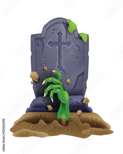 Zombie hand halloween icon, vector horror tombstone grave, comic cartoon monster green arm, ground. Cemetery cross, spooky rising undead illustration, scary holiday clipart. Zombie hand stone monument