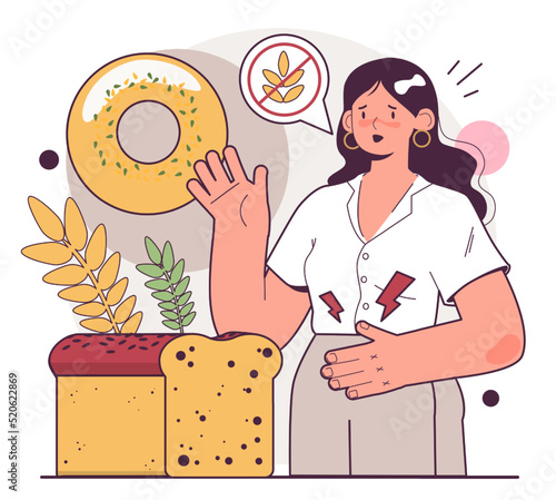 Character with food allergy. Gluten intolerance, food causing flatulence