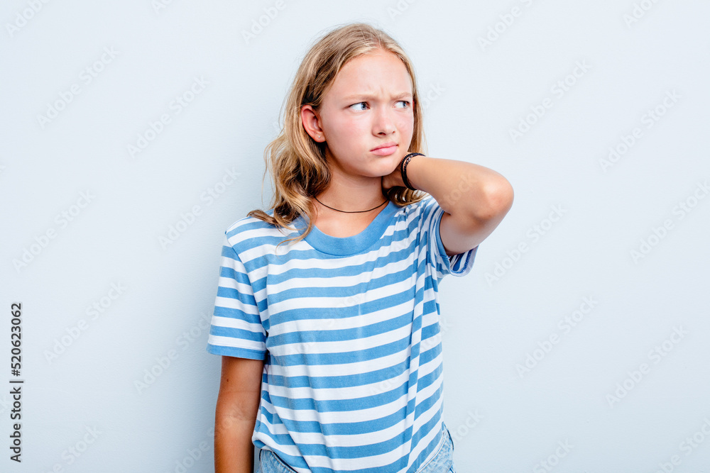 Caucasian teen girl isolated on blue background having a neck pain due to stress, massaging and touching it with hand. Caucasian teen girl isolated on blue background having a neck pain due to stress, massaging and touching it with hand.