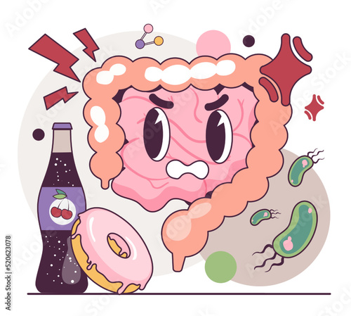 Abdominal pain. Human intestines with gastritis. Junk fast food causes