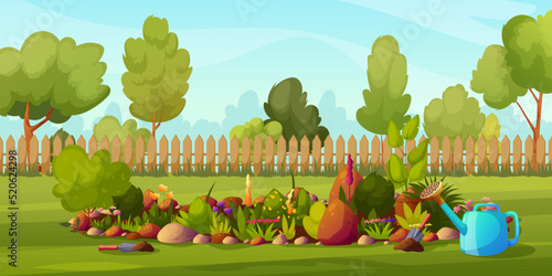Summer backyard garden with blooming bushes, watering can, flowers, fence, flower bed, equipment, grass, park plants, green trees. Flowerbed with stones, blossoms. Vector illustration
