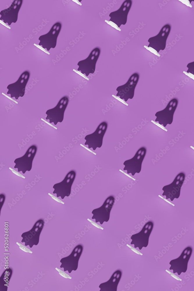 Top view on a violet background with shadows of 3d render Halloween Ghost silhouette symbols. Modern creative 3d Halloween illustration. Trendy Halloween 3d background concept