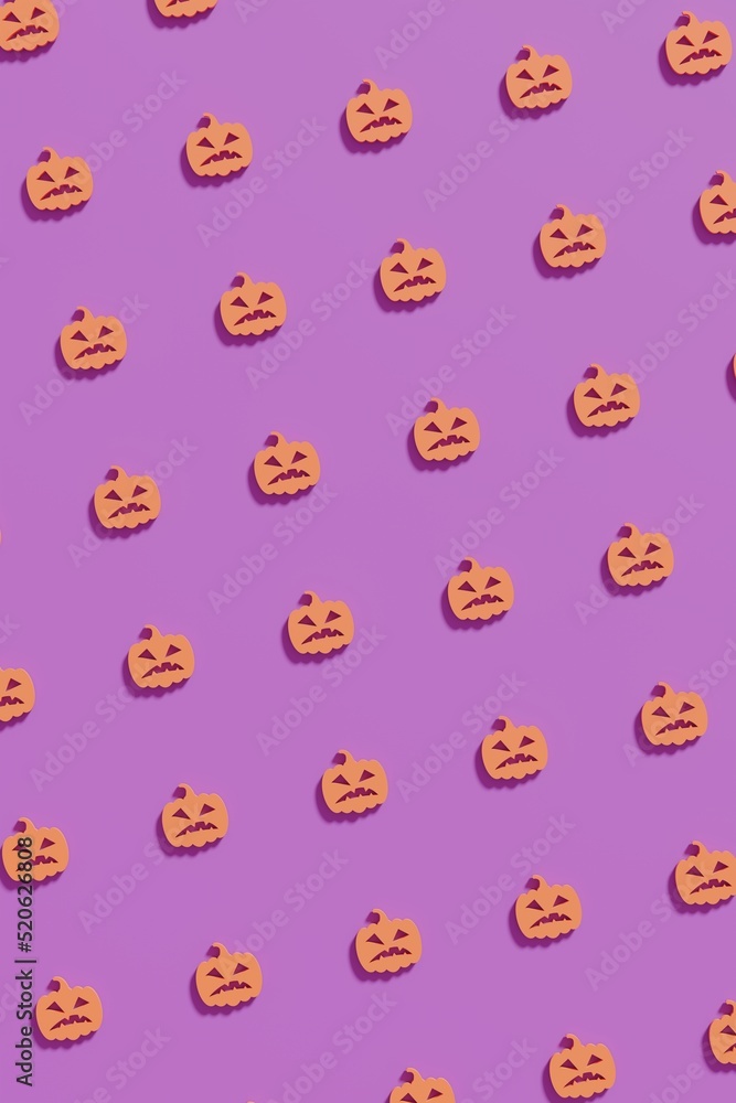 Flat lay orange pumpkin head symbols on a violet background. Modern creative 3d render Halloween illustration. Trendy Halloween 3d background concept Flat lay orange pumpkin head symbols on a violet background. Modern creative 3d render Halloween illustration. Trendy Halloween 3d background concept