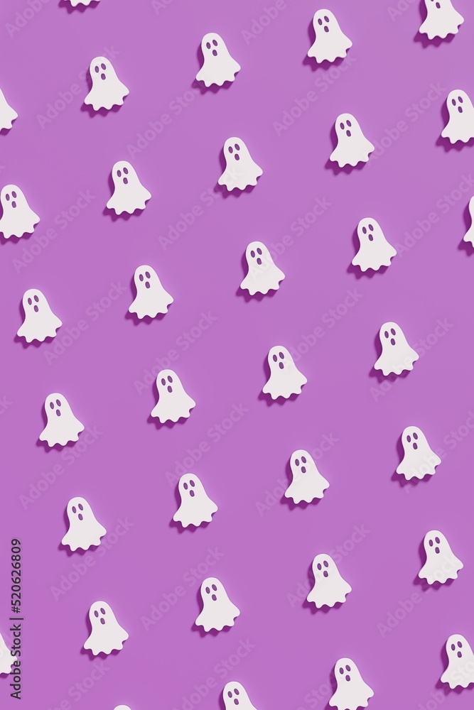 Flat lay white ghost symbols on a violet background. Modern creative 3d render Halloween illustration. Trendy Halloween 3d background concept Flat lay white ghost symbols on a violet background. Modern creative 3d render Halloween illustration. Trendy Halloween 3d background concept