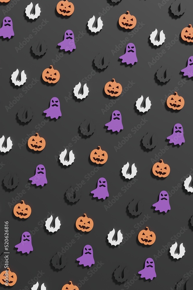 Fototapeta premium Flat lay 3d render Halloween symbols on a black background. Modern creative 3d Halloween illustration. Trendy Halloween 3d background concept