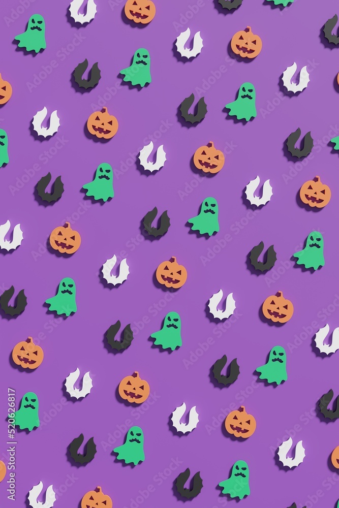 Flat lay 3d render Halloween symbols on a violet background. Modern creative 3d Halloween illustration. Trendy Halloween 3d background concept Flat lay 3d render Halloween symbols on a violet background. Modern creative 3d Halloween illustration. Trendy Halloween 3d background concept