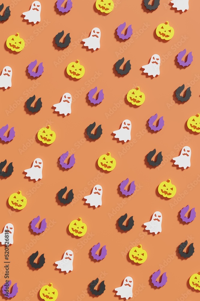 Flat lay 3d render Halloween symbols on a orange background. Modern creative 3d Halloween illustration. Trendy Halloween 3d background concept Flat lay 3d render Halloween symbols on a orange background. Modern creative 3d Halloween illustration. Trendy Halloween 3d background concept