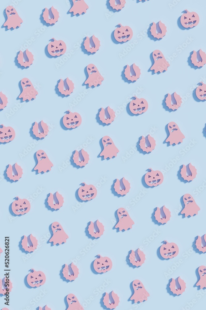 Flat lay pink Halloween symbols on a light blue background. Modern creative 3d render Halloween illustration. Trendy Halloween 3d background concept Flat lay pink Halloween symbols on a light blue background. Modern creative 3d render Halloween illustration. Trendy Halloween 3d background concept