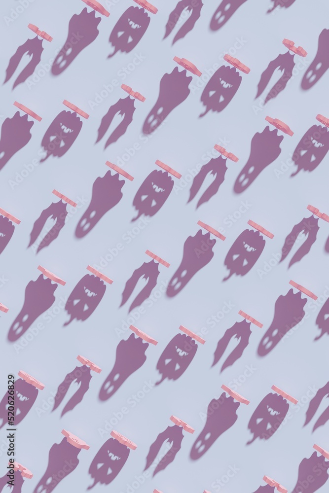 Top view on a light blue background with shadows of pink Halloween symbols. Modern creative 3d render Halloween illustration. Trendy Halloween 3d background concept Top view on a light blue background with shadows of pink Halloween symbols. Modern creative 3d render Halloween illustration. Trendy Halloween 3d background concept