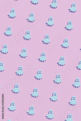Flat lay light blue ghost symbols on a pink background. Modern creative 3d render Halloween illustration. Trendy Halloween 3d background concept