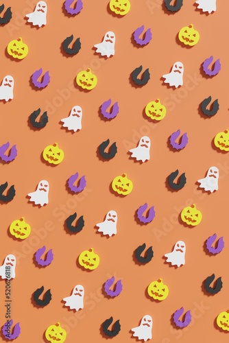 Flat lay 3d render Halloween symbols on a orange background. Modern creative 3d Halloween illustration. Trendy Halloween 3d background concept