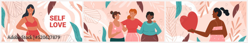 Happy plus size girls in bikini and self love motivation quote vector illustration. Cartoon diversity group of overweight female friends standing with smiles background. Body positive, beauty concept