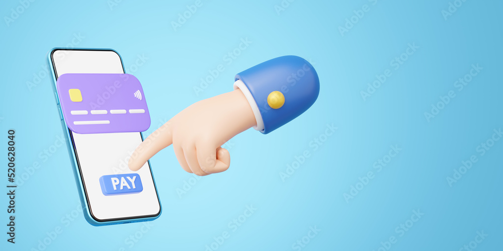 3D Hand press pay button icon. Phone with credit card float on blue background. Mobile banking, Online payment service. Withdraw money, Easy shop, Cashless society concept. Cartoon minimal 3d render. - obrazy, fototapety, plakaty 