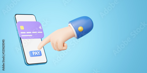 3D Hand press pay button icon. Phone with credit card float on blue background. Mobile banking, Online payment service. Withdraw money, Easy shop, Cashless society concept. Cartoon minimal 3d render.