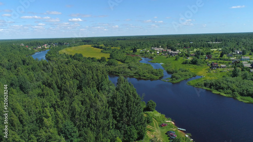 Natural landscape with green trees  wide river  and green field. Shot. Aerial view of summer landscape with forest  green meadows and river in countryside  aero adventure in a summertime.