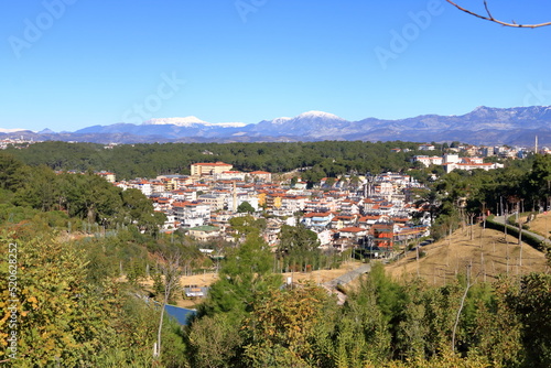 Manavgat city aerial panoramic view in Antalya region in Turkey from the Türkbeleni Ormani, turkish flag monument photo