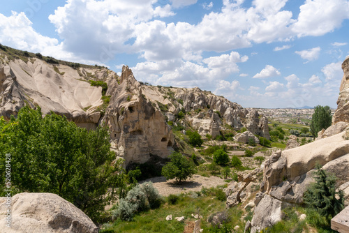 Landscape of Goreme, in Cappadocia, with the typical rocks there on a sunny day with some clouds.