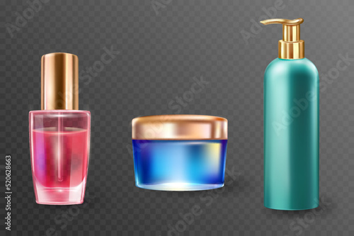 3D bottles and containers with cosmetic skincare product set vector illustration. Realistic red, blue and green glass packages with golden caps, liquid or cream isolated on transparent background