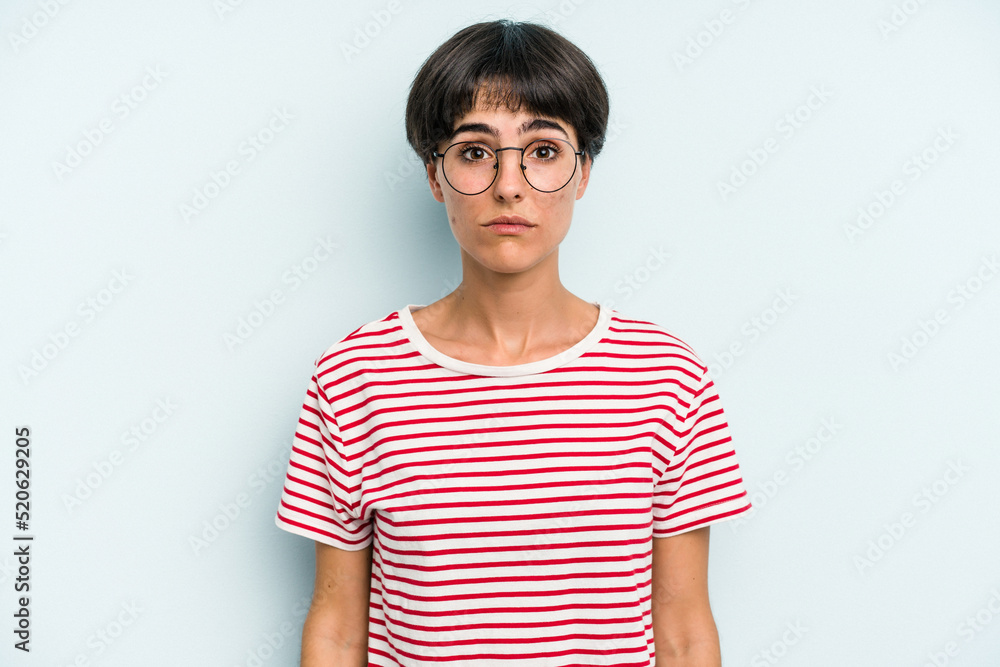 Young caucasian woman with a short hair cut isolated sad, serious face, feeling miserable and displeased. Young caucasian woman with a short hair cut isolated sad, serious face, feeling miserable and displeased.