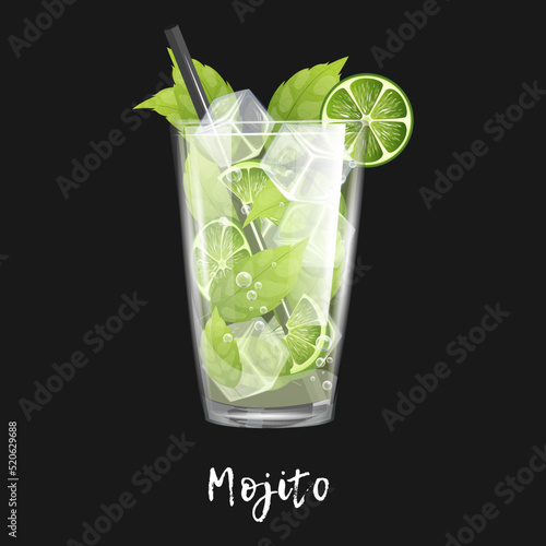 Alcoholic cocktail mojito on black background. Bar drink, beverage in glass for menu. Vector illustration