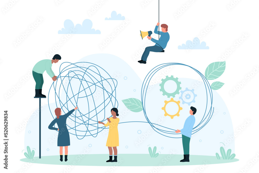 Business communication, rational thinking in problem solving vector illustration. Cartoon tiny people holding tangled chaotic tangle to untangle difficult and complicated task, chaos in thoughts Business communication, rational thinking in problem solving vector illustration. Cartoon tiny people holding tangled chaotic tangle to untangle difficult and complicated task, chaos in thoughts