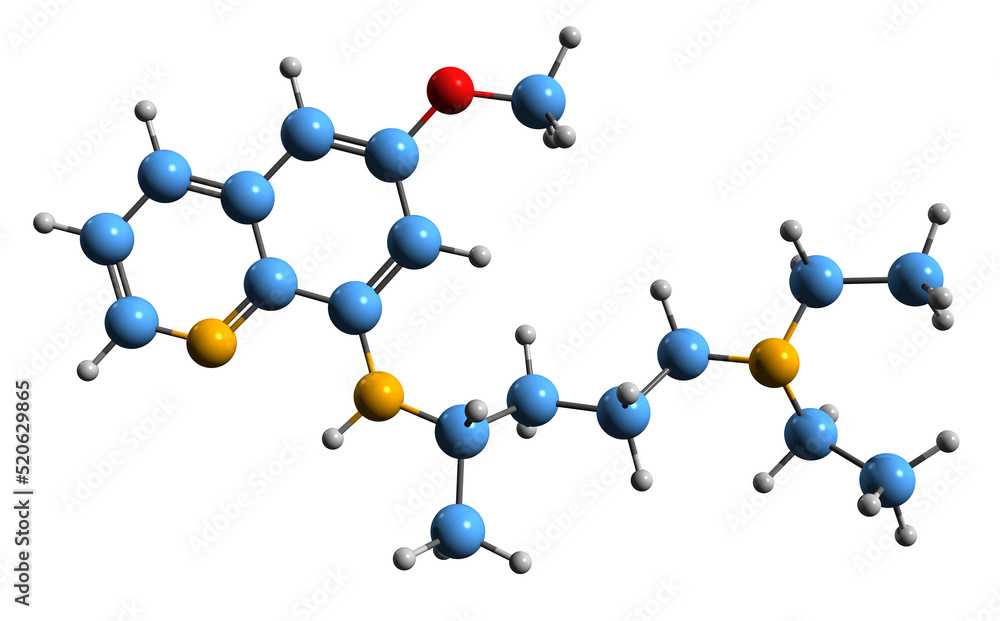 3D image of Pamaquine skeletal formula - molecular chemical structure of antimalarial medication Plasmochin isolated on white background
3D image of Pamaquine skeletal formula - molecular chemical structure of antimalarial medication Plasmochin isolated on white background