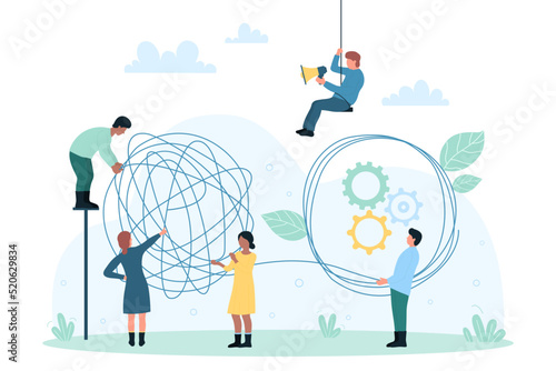 Business communication, rational thinking in problem solving vector illustration. Cartoon tiny people holding tangled chaotic tangle to untangle difficult and complicated task, chaos in thoughts