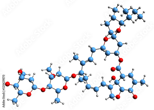 Fototapeta Naklejka Na Ścianę i Meble -   3D image of Ivermectin skeletal formula - molecular chemical structure of antiparasitic drug isolated on white background
