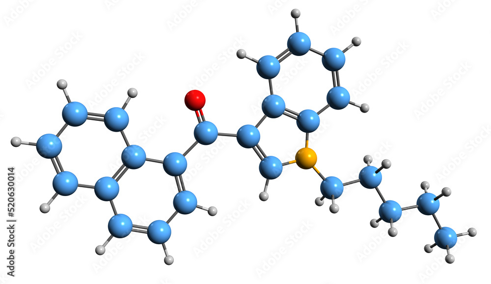 3D image of JWH-018 skeletal formula - molecular chemical structure of analgesic chemical isolated on white background 3D image of JWH-018 skeletal formula - molecular chemical structure of analgesic chemical isolated on white background