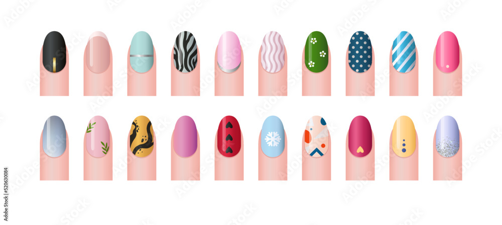 Nail art or fingernail stickers with different designs, shiny 3d vector illustration isolated on white background.