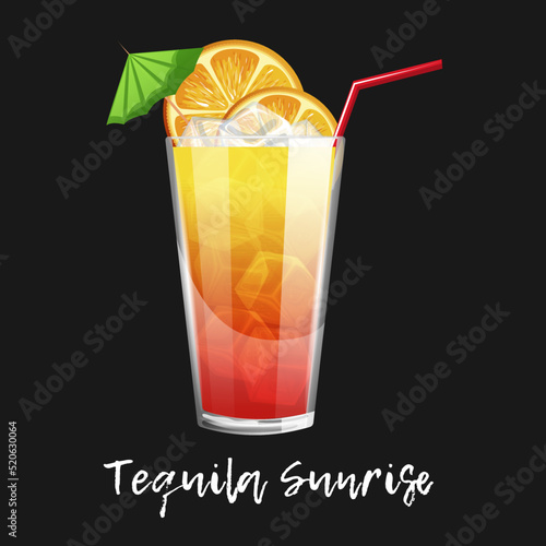 Alcoholic cocktail tequila sunrise on black background. Bar drink, beverage in glass for menu. Vector illustration