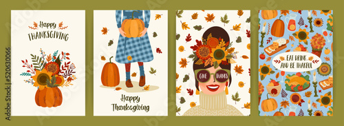 Happy Thanksgiving illustrations. Set of vector designs for card, poster, flyer, web and othe