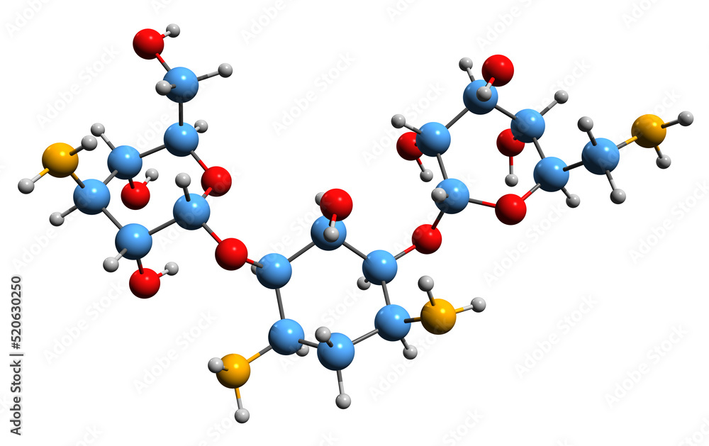 3D image of Kanamycin A skeletal formula - molecular chemical structure of antibiotic isolated on white background
3D image of Kanamycin A skeletal formula - molecular chemical structure of antibiotic isolated on white background