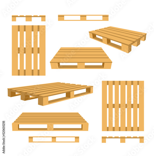 Wooden pallets set from different angles, flat vector illustration isolated. photo