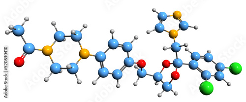  3D image of ketoconazole skeletal formula - molecular chemical structure of antiandrogen and antifungal medication isolated on white background 