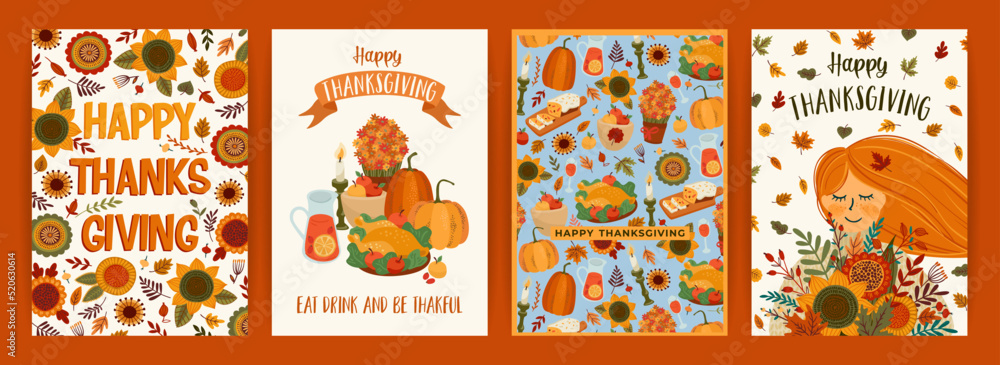 Fototapeta premium Happy Thanksgiving illustrations. Set of vector designs for card, poster, flyer, web and othe