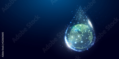 Planet Earth in water drop. World water day, Protection environmental, Ecology concept. Wireframe low poly style, isolated on dark blue background. Vector illustration