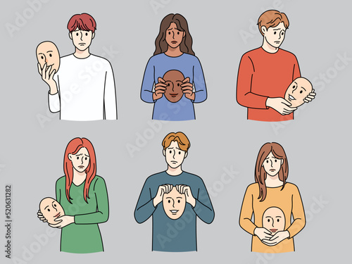 Unhappy people holding smiling masks in hands 
