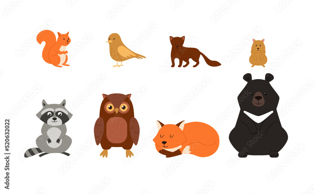 Fototapeta premium Forest animals, a set of illustrations on a white background, vector flat.