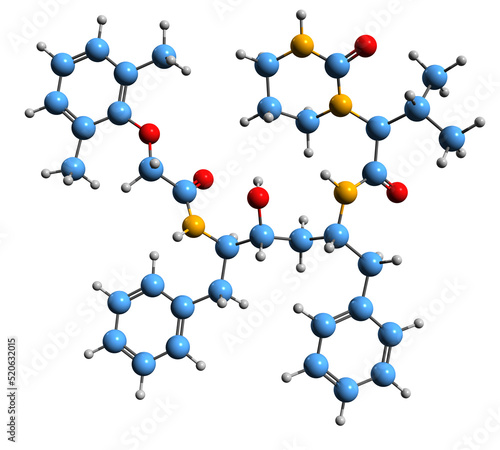 3D image of Lopinavir skeletal formula - molecular chemical structure of antiretroviral protease inhibitor isolated on white background photo