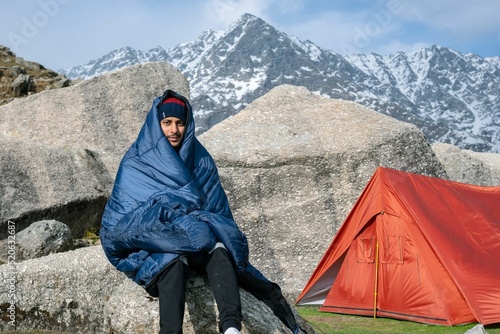 Person in the tent in Triund Trek, Himachal Pradesh, India. photo
