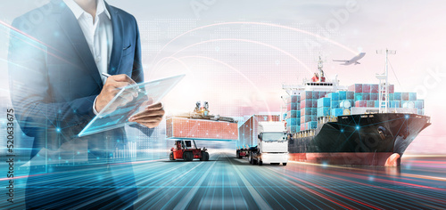 Smart Logistics Global Business and Warehouse Technology Management System Concept, Businessman using tablet control delivery network distribution import export, Double exposure future Transportation photo