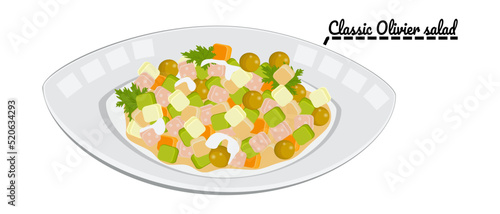 Traditional Olivier salad. Foodstuffs. Vector. Graphics. Recipes. Cooking. 