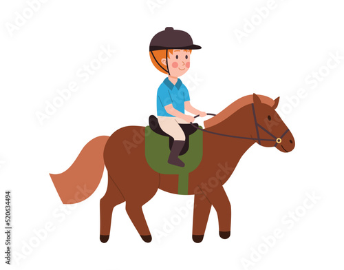 Child jockey taking horse riding lessons, flat vector illustration isolated.