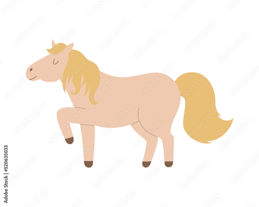 Cute horse with blonde mane, cartoon flat vector illustration isolated on white background.