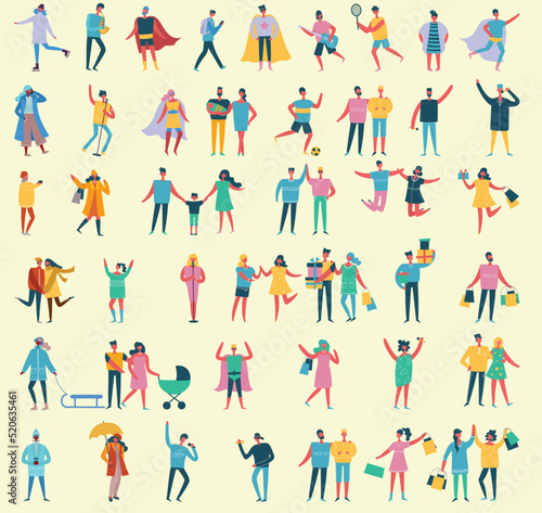 Set of vector ready to animation people characters performing various activities. Group of men and women flat design style cartoon characters isolated