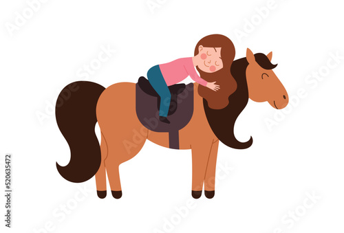 Boy learns to ride a horse, vector flat illustration on a white background.