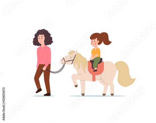 Coach teaches kids how to ride, flat cartoon vector illustration isolated.