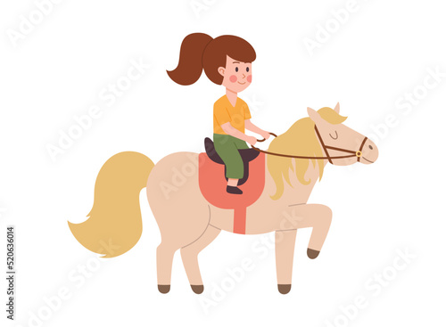 Little girl learns to ride a horse, vector flat illustration on a white background.