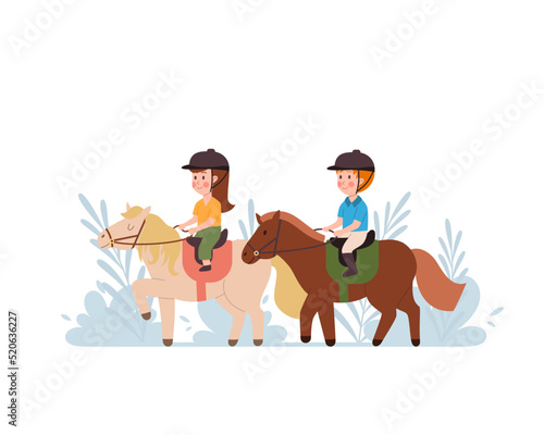 Children boy and girl go horseback riding, flat vector illustration isolated.